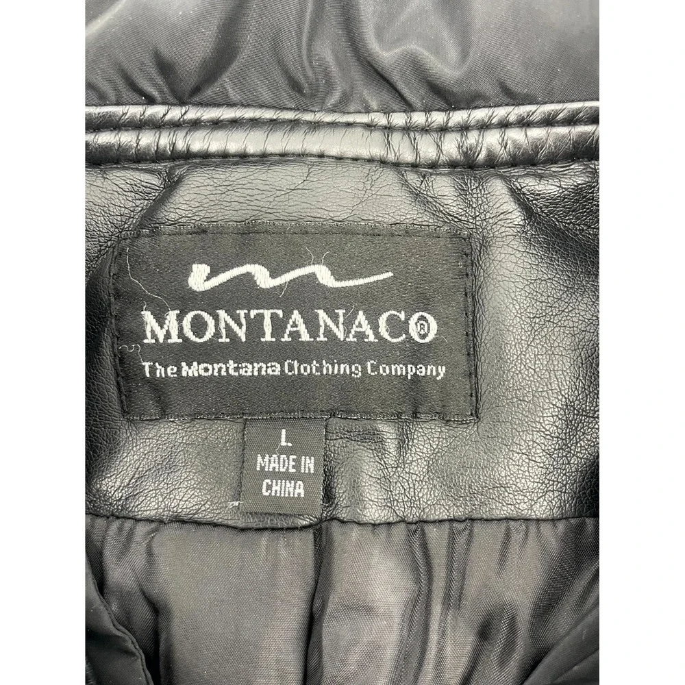 Montanac Co Jacket Womens Large Black Faux Leather Lined Ruffle‎ Trim Full Zip